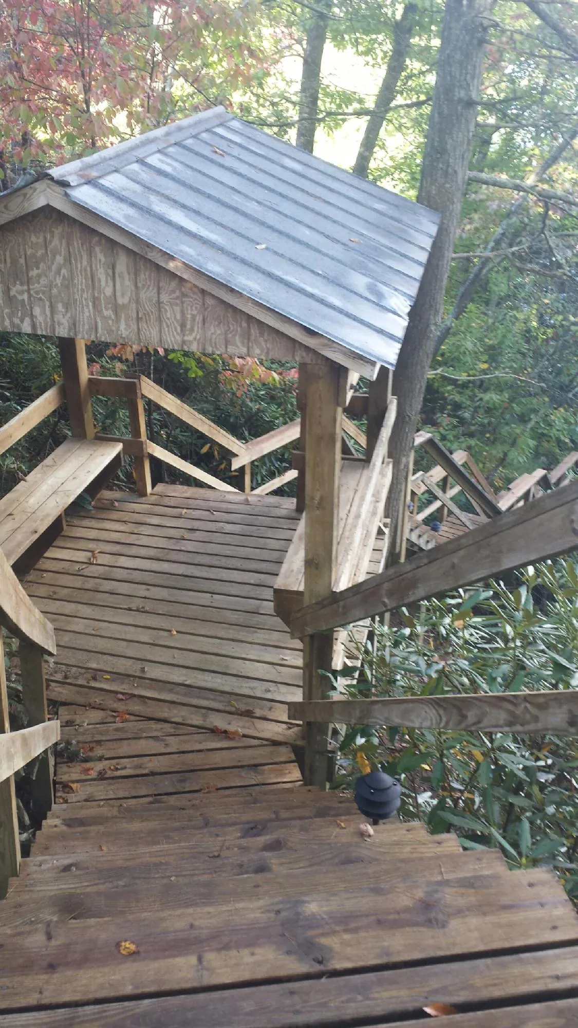 Metal roofed shelter over wooden steps on a wooded walkway — Skylight Repair & Installation work by our crew in Lake Milton